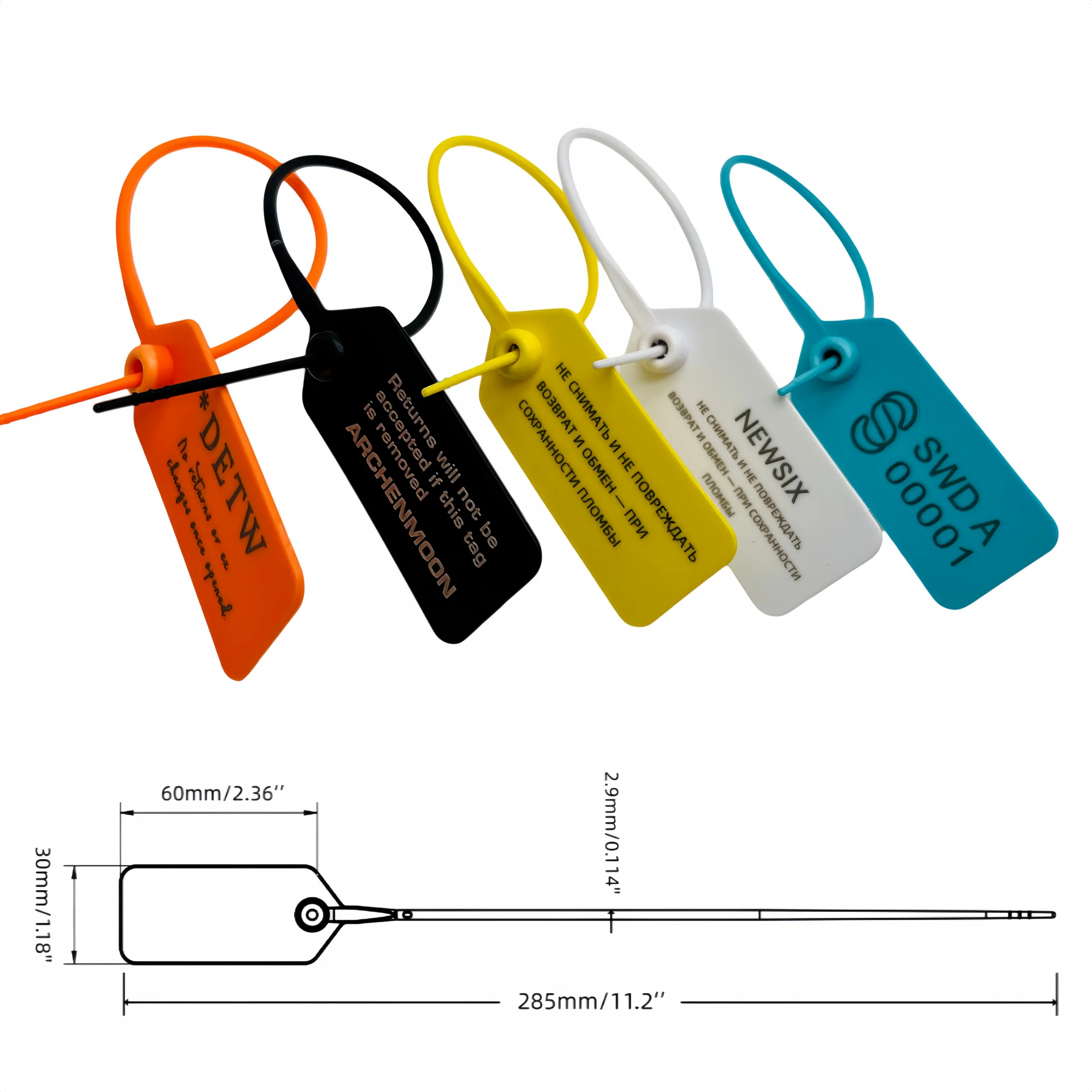 100Pcs Disposable Plastic Security Seals, Garment Tag Cable Tie Labels for Logistics Container Clothes Bags, 285mm 11 Inch Custo