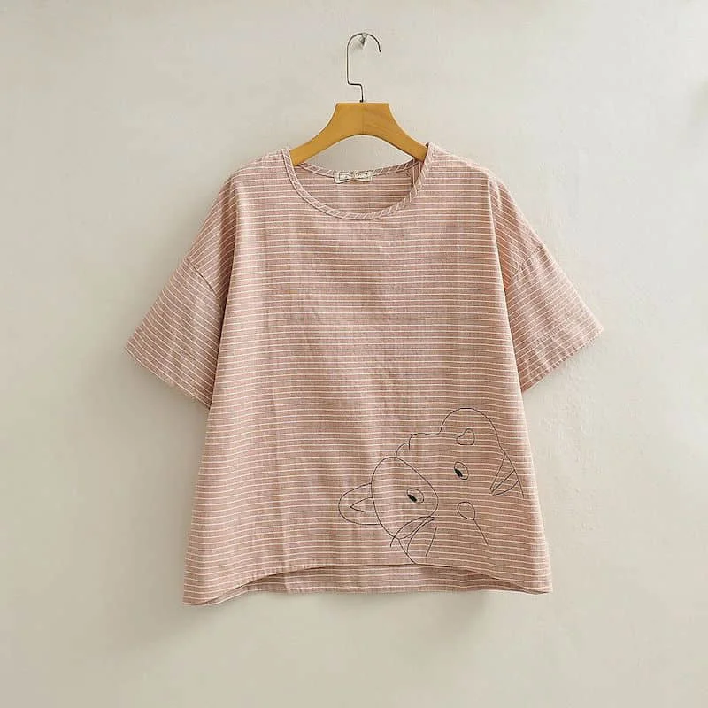 

Рубашки с вышивкой для женщин, винтажные свободные полосатые футболки с коротким рукавом, Повседневная цельный топ в Корейском стиле с круглым вырезом, женские топы