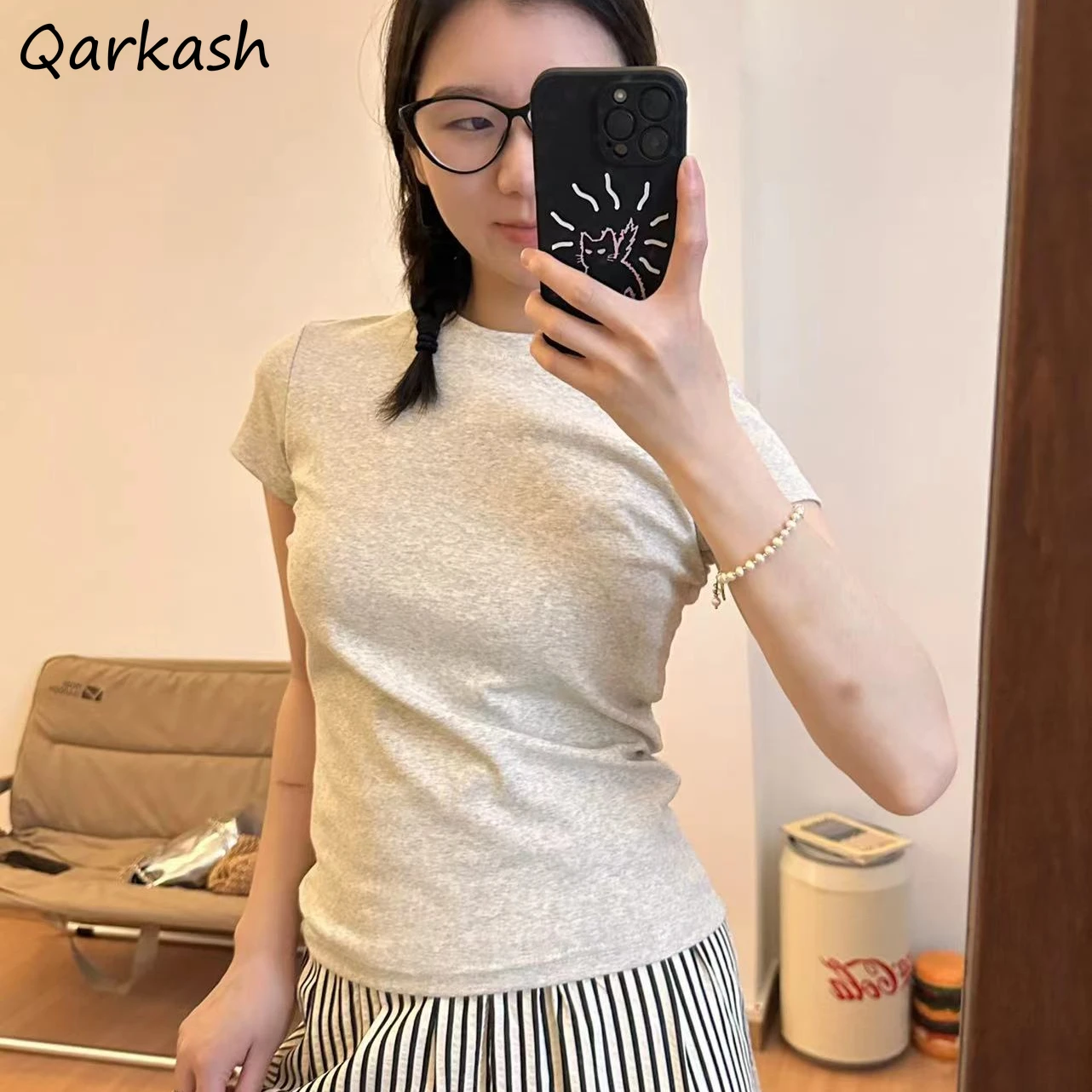 Oat T-shirts Women Summer Retro Simple All-match Slim O-neck Spicy Girls Korean Style Casual Students Stretchy Stylish Classic