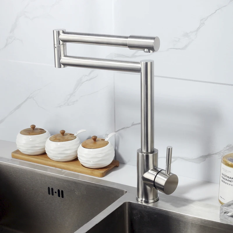 Modern Single Hole Kitchen Sink Faucet Deck Mounted Swing Arm Folding Sink Faucet One Handle Hot and Cold Mixer Tap Brushed