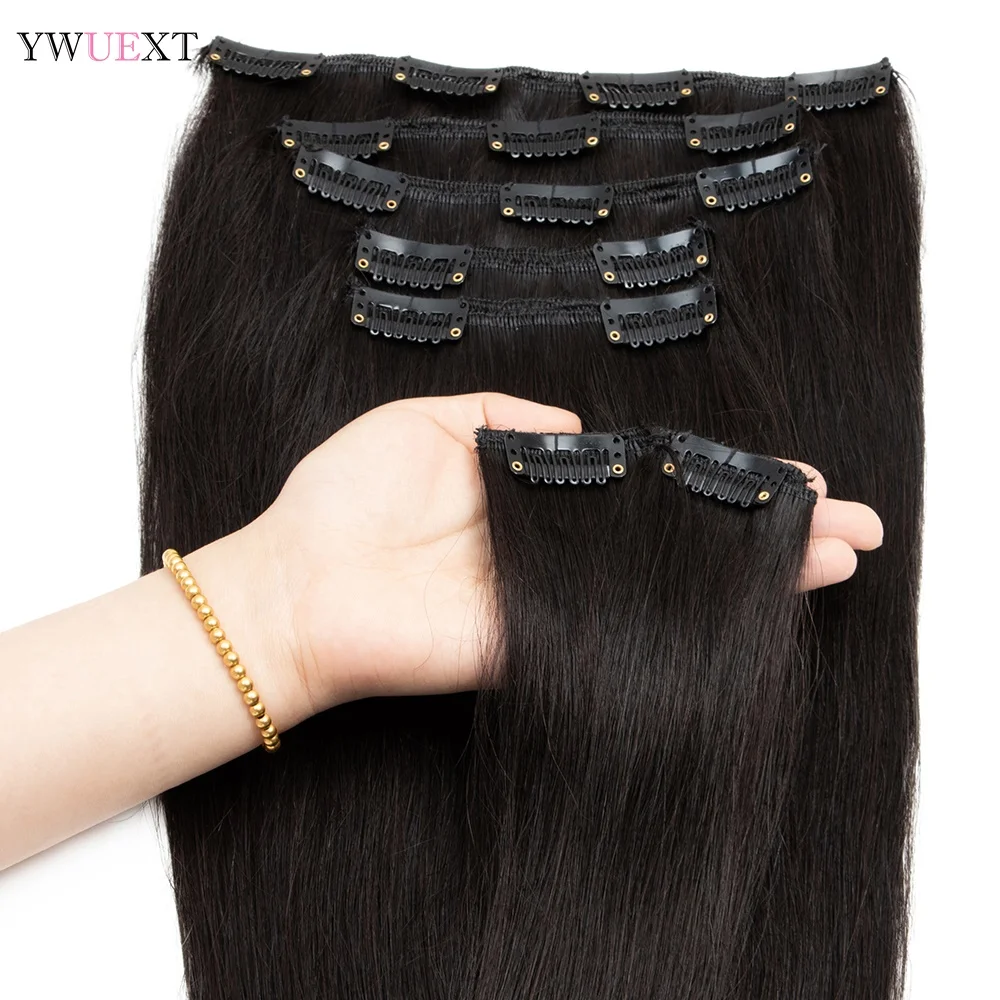 YWUEXT 1 # Clipe preto jato em extensões naturais de cabelo 100% humano 12-24 polegadas máquina remy clipe de cabelo cabeça cheia 7 tamanhos