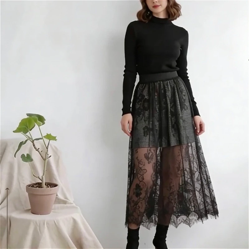 Transparent Elegant Black Lace Skirt High Waist Tulle Beach Dress Summer Sheer Y2K Mid Length Women's Comfort Cover Up Swimsuit