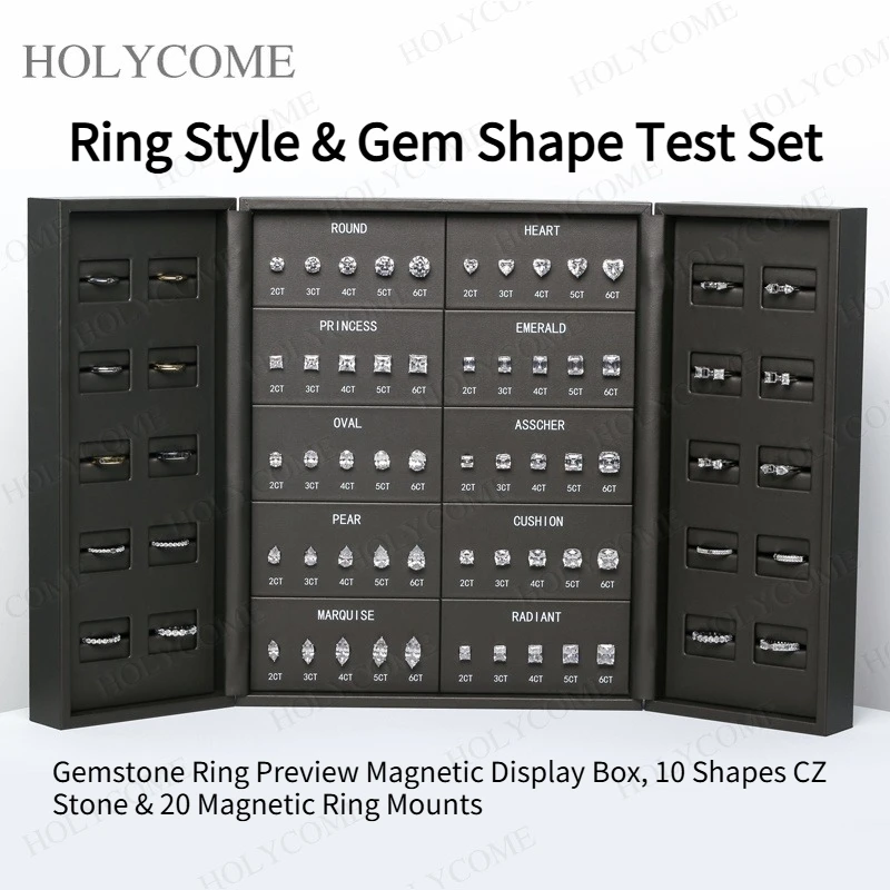 Jewelry Ring Sizer Master Tester Set 10 Shapes 2-6CT 5A White CZ Stones 20pcs Magnetic Ring Mounts Gemstone Preview Display Box