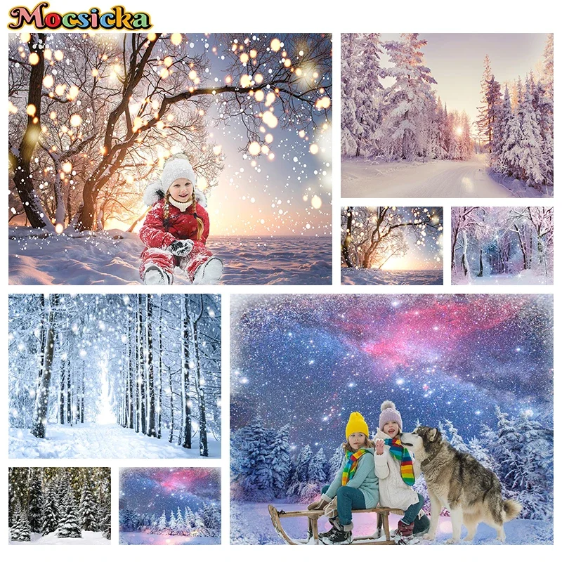 

Mocsicka Winter Christmas Decoration Photography Backdrop Forest Natural Scenery Snow Tree Lamp Prop Background Studio Photozone