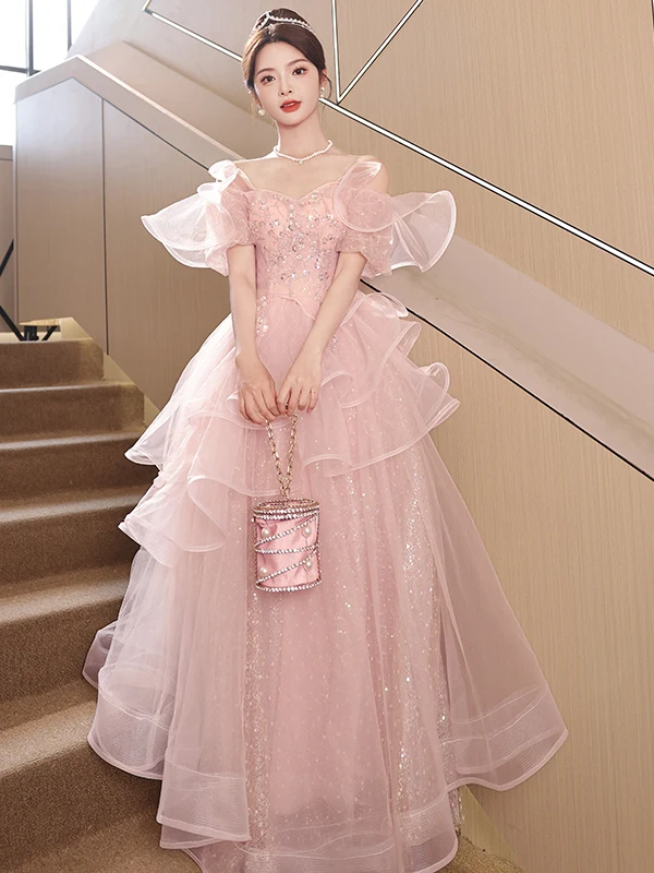 

Ele Pink Evening Gown for Women Host Wedding Proposal High-End Luxury Korean Sle Floral Mid-Waist Long Dr