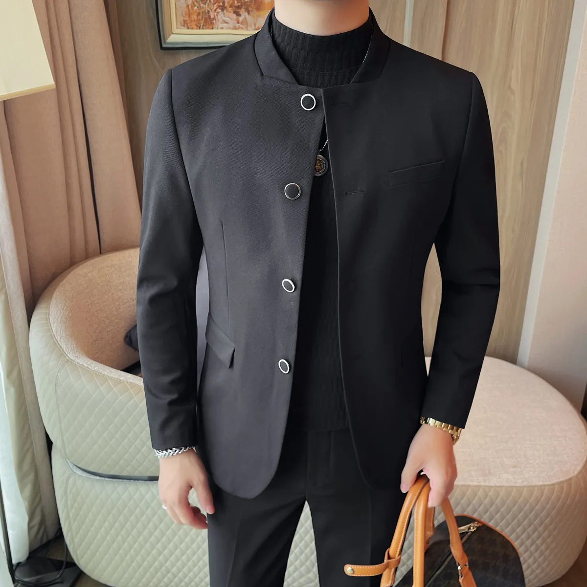 

Высококачественный мужской костюм с длинными рукавами и воротником-стойкой в китайском стиле, новый тонкий и эластичный костюм без железа с воротником-стойкой.