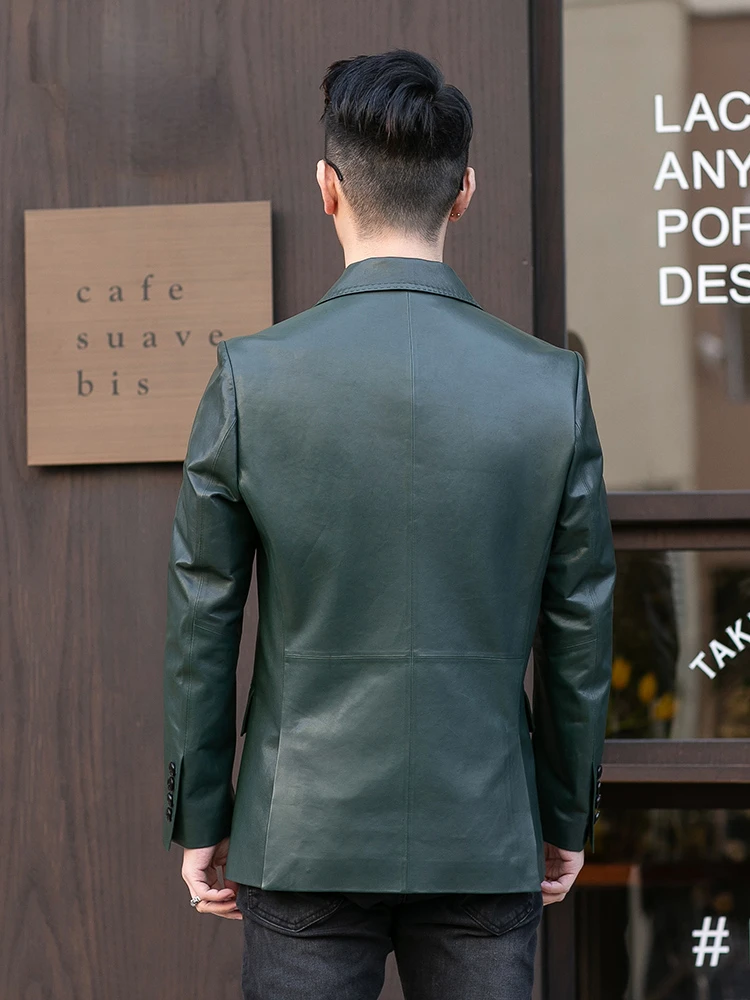 Spring New Genuine Leather Men\'s Suit Jacket Dark Green High Quality Sheepskin Thin Blazer Men Real Leather Business Casual Coat