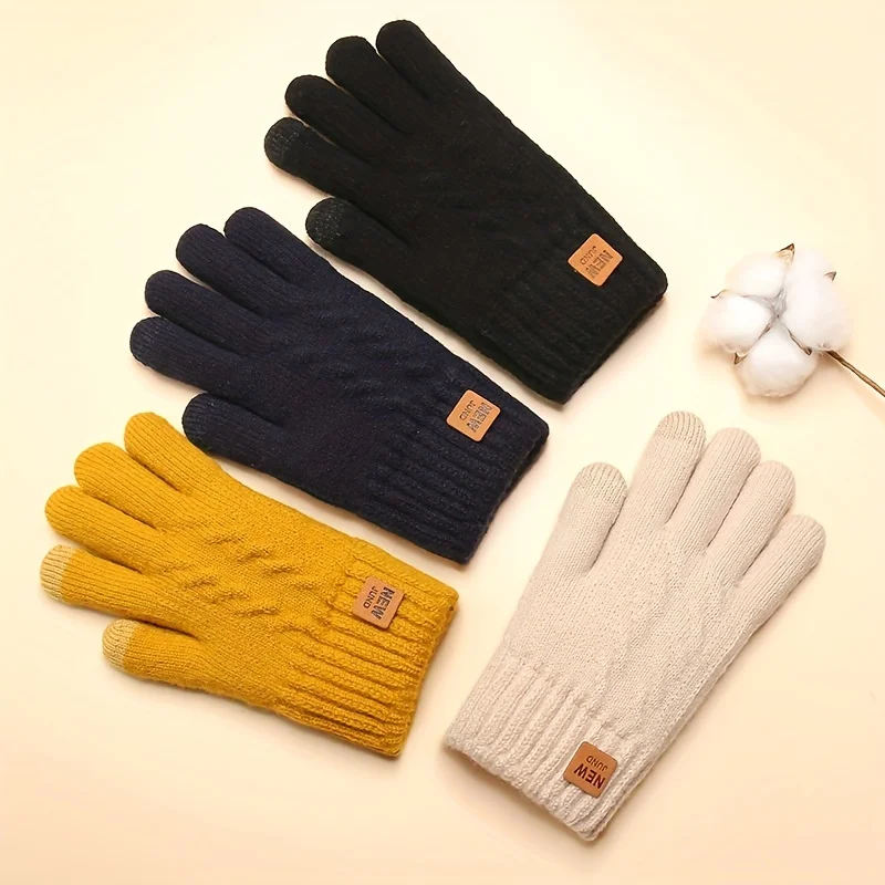 1 pair of new women's winter thick double-layer knitted gloves with plush insulation and solid color touch screen gloves