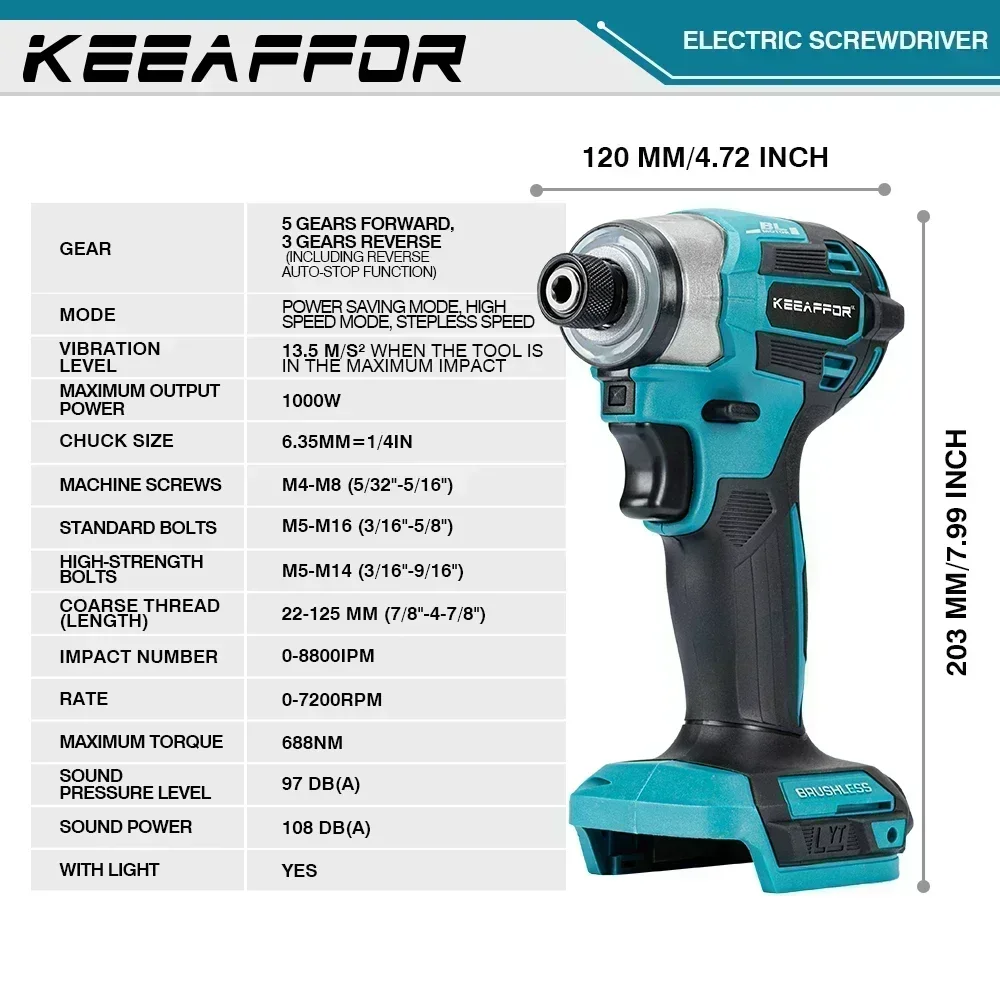 KEEAFFOR 1000W 688N.m 5Gears Electric Screwdriver Brushless Cordless Electric Drill Cordless Power Tool For Makita 18v Battery