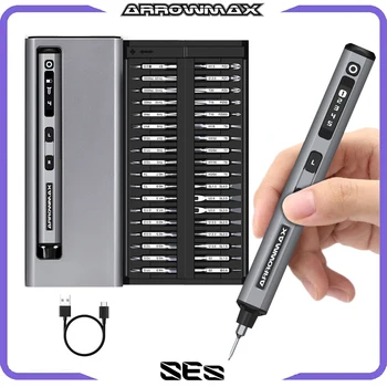 ARROWMAX, kit tournevis de précision, avec 34 Bits magnétiques, 4 couples, visseuse devisseuse sans fil, mini tournevis rechargeable (SES)