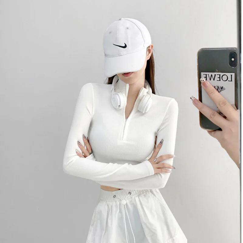 Solid Color Casual T-shirt Women Long Sleeve Turtleneck Crop Tops Sexy Simple Style Party Club 2023 Spring Summer New T-shirts