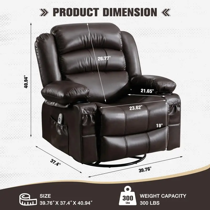 Massage Swivel Rocker Recliner Chair with Vibration, Heat, Ergonomic Design for Living Room, Rocking Feature, Side Pocket, 2