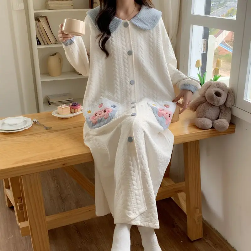 

cotton Women's pajamas nightdress Spring autumn winter loose robe keep warm cardigan pajamas Korean style premium feel homewear