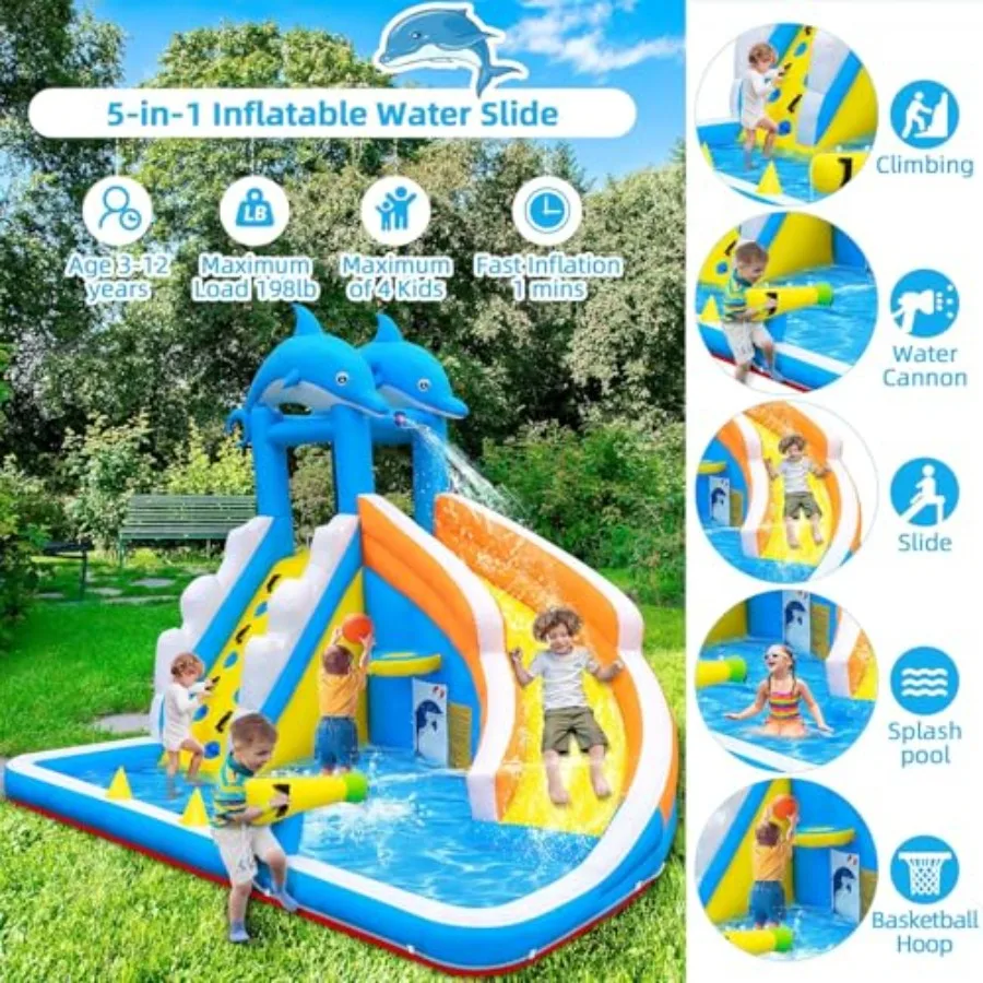 Inflatable Water Slide, 5-in-1 Dolphin Bounce House for Climbing Wall, Splash Pool, Water Cannon, Basketball Rim PVC Blue, Outd