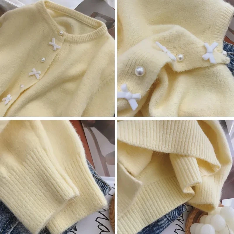 Autumn Sweet Bow Knitted Cardigan Women 2023 Korean Casual All-Match Cardigans Woman Gentle Style Pearl Buttons Sweater Jacket