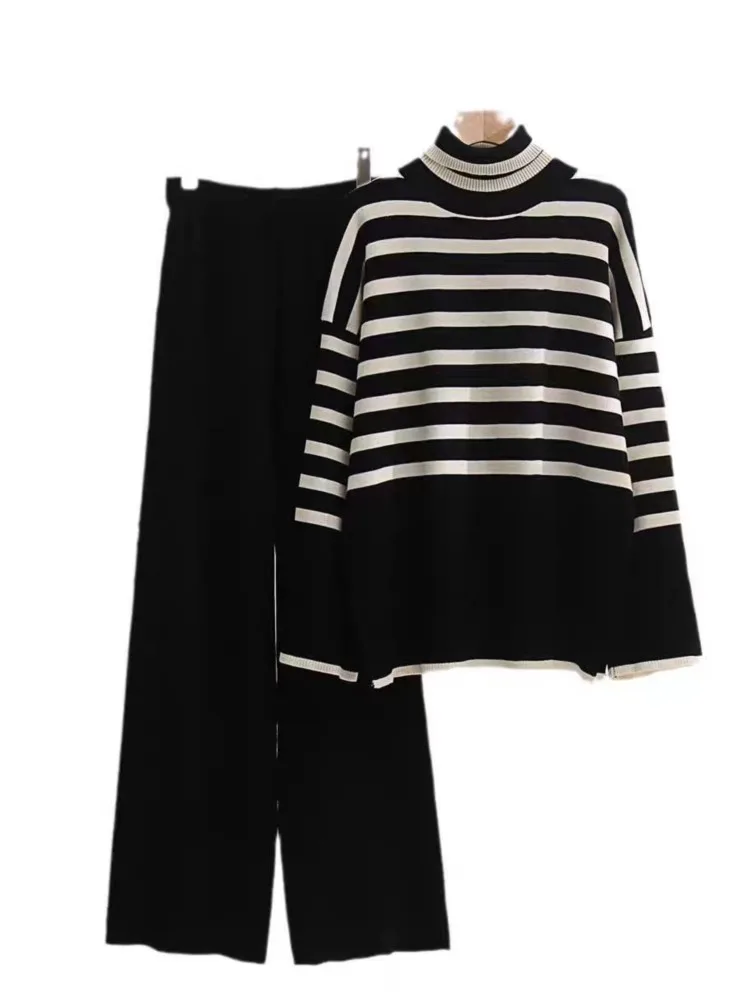 2024 Fashionable Striped Style Knitted Two-piece Turtleneck Sweater Loose Casual Long-sleeved Pants Temperament Commuting Suit