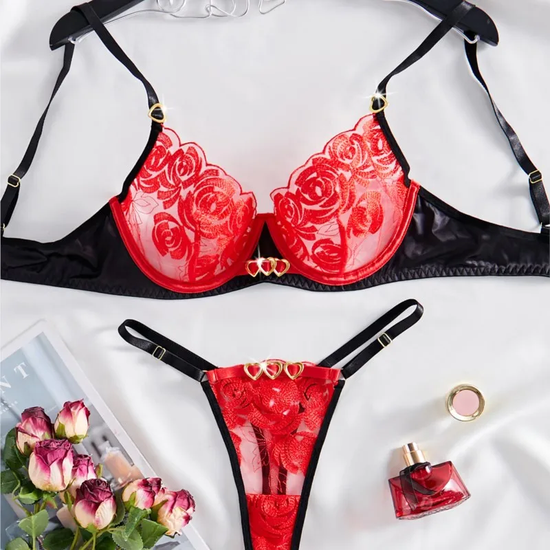 

Комплект с бюстгальтером, плотный комплект из двух предметов с вышивкой в виде розы, сексуальное женское нижнее белье, женское этическое нижнее белье, комплект из 2 предметов для женщин