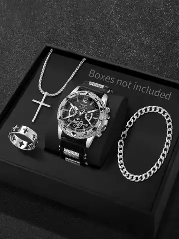 4PCS Fashion Arabic Dial Men Business Quartz Watch CasuSilicone Strap Wristwatch With Necklace Set Reloj Hombre (Without Box)