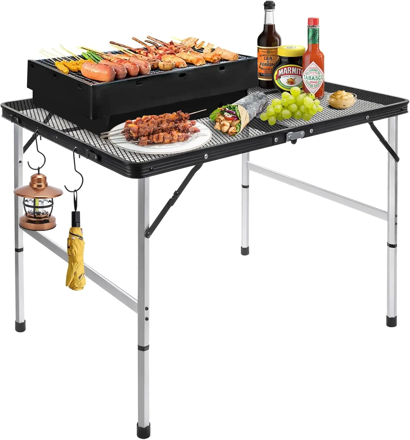 

3ft x 2ft Portable Folding Grill Table, Waterproof Black, Adjustable Height for Camping, BBQ, Beach, Picnics