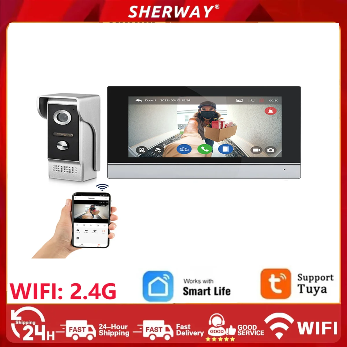 2.4G WiFi 7 inch touch screen 1080P doorbell video intercom system TuyaAPP intercom kit with motion detection, anti-tamper alarm