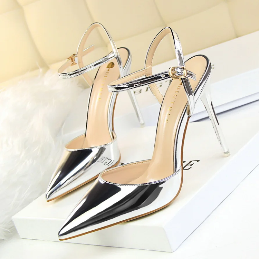 86-1 Style Simple Slim Ultra High Heel Shallow Painted Leather Sexy Nightclub Slimming One-word Strap Women Cool Shoes