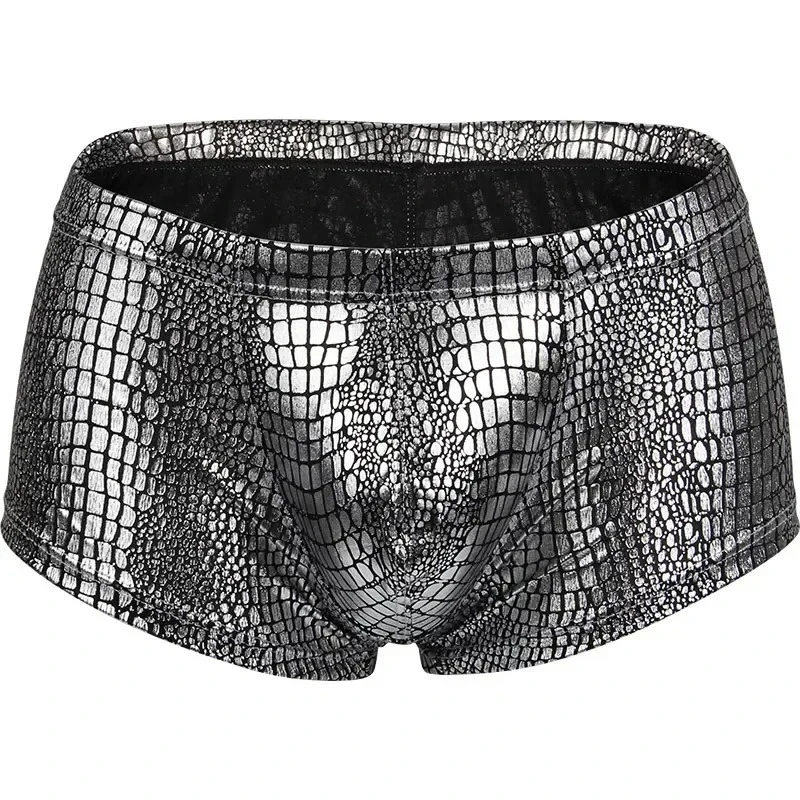 Men's Shiny Metallic Snake Croc Print Low Waist Boxer Shorts Stretch Smooth U Bulge Pouch Fashion Sexy Underpants for Stage Wear