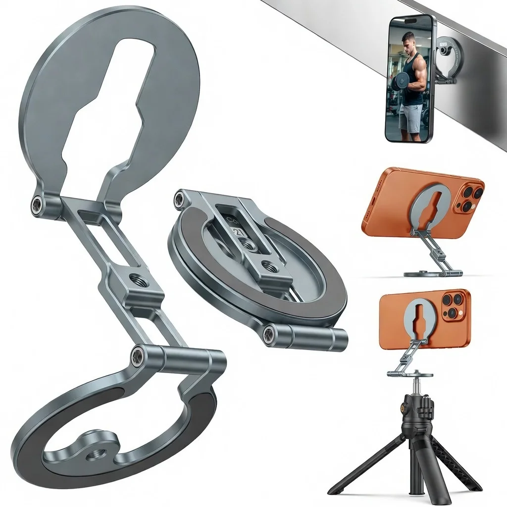 

CAMOLO Double-Sided Magnetic Phone Holder 360 Rotation Gym Mount Foldable Stand w 1/4" Tripod Mount for iPhone Android MagSafe