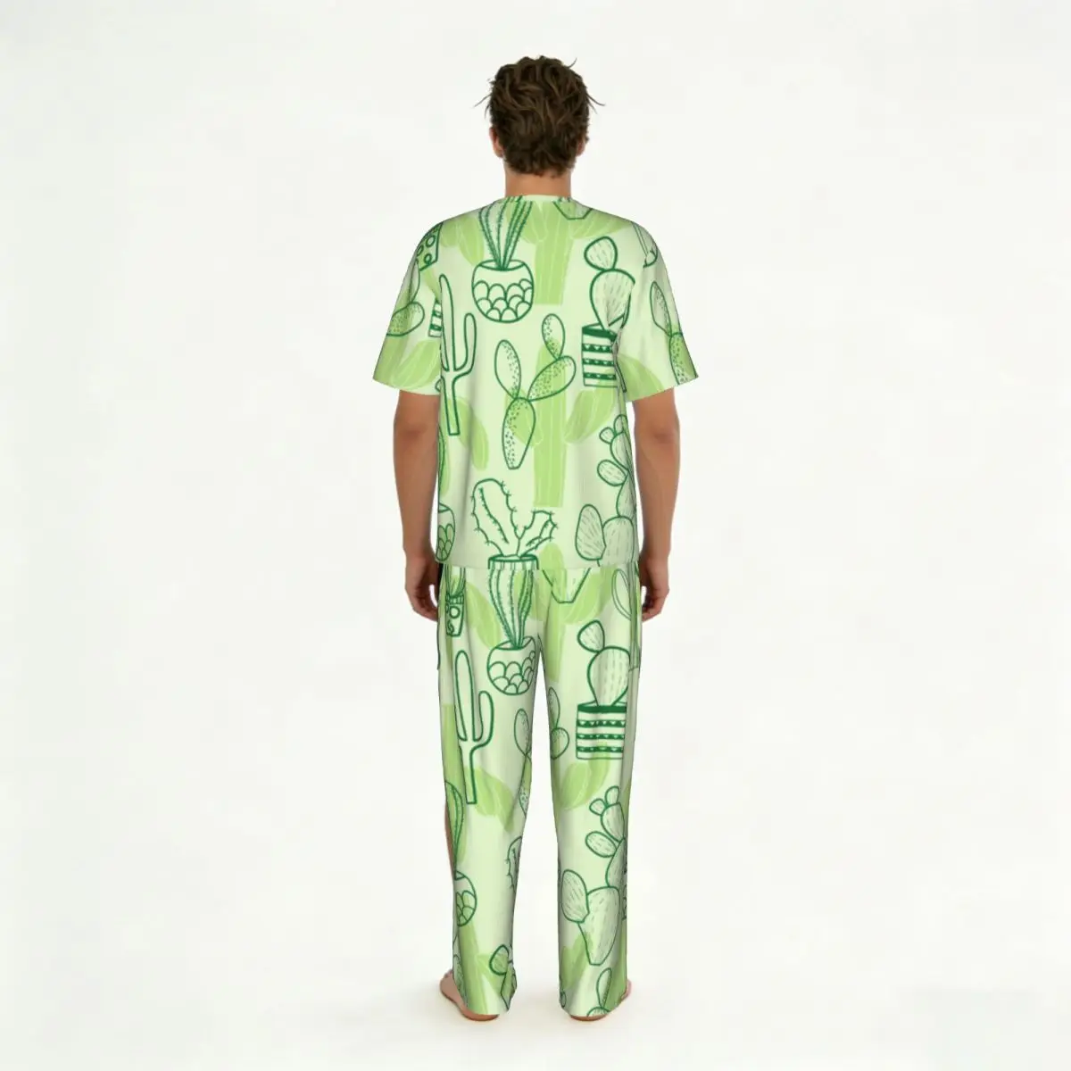 Men Pajamas Suit Short Sleeved Long Pants Cactus Pattern Sleepwear Summer Home Clothing Set view 4