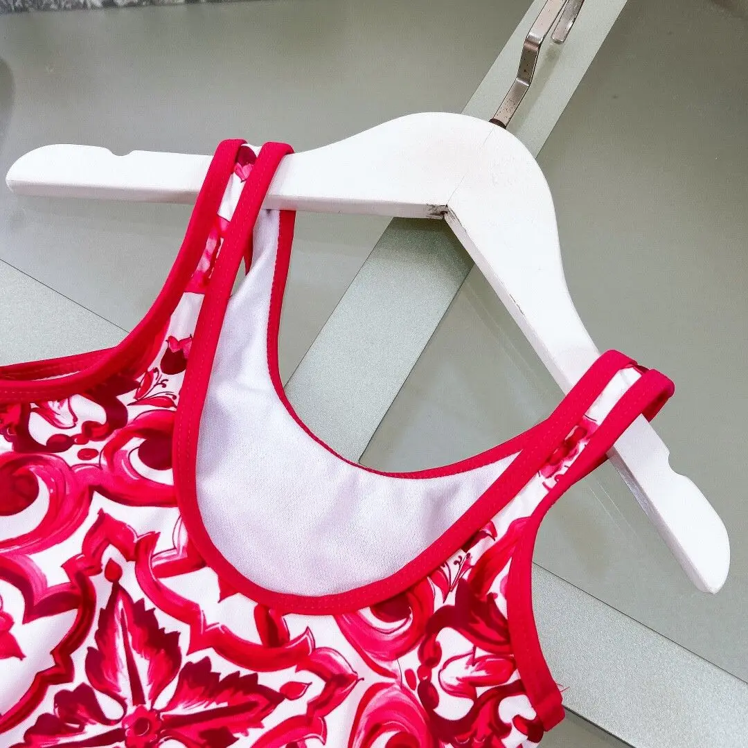 2024 New design girl swimsuit red flower swim wear summer kids beach swimsuit