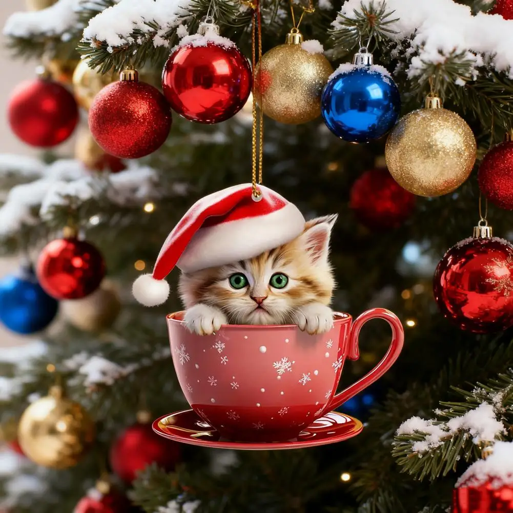 Bright Color Ornament Festive Cat Mug Charm Hanging Decor for Christmas Party 2d Acrylic Pendant with Lanyard Holiday for Cat - Detail 1