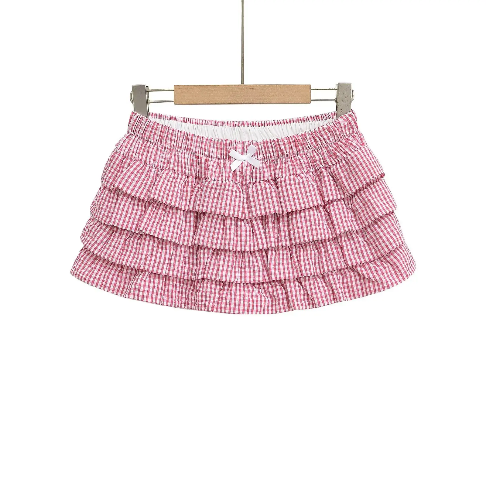 Niedrige Taille Plaid f Rock Frauen Sommer Anti-Licht ort Rock Hosen Süße Und Würzige Knoten Mehrschichtige Kuchen blume...