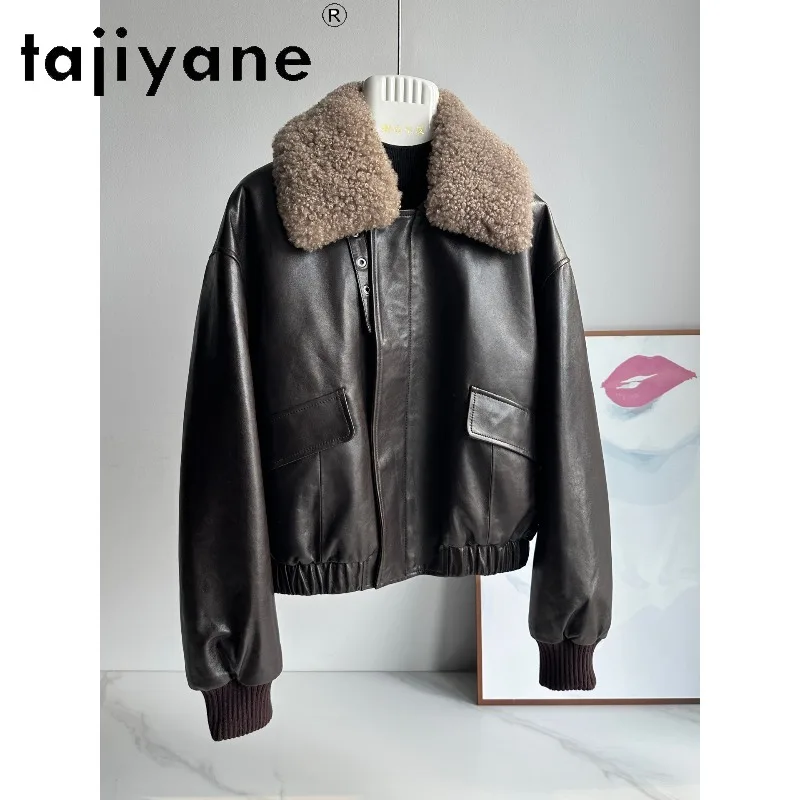 TAJIYANE Cashmere Collar Genuine Leather Jacket Woman Oil Waxed Sheepskin Cropped Goose Down Jackets for Woman Outerwear Loose