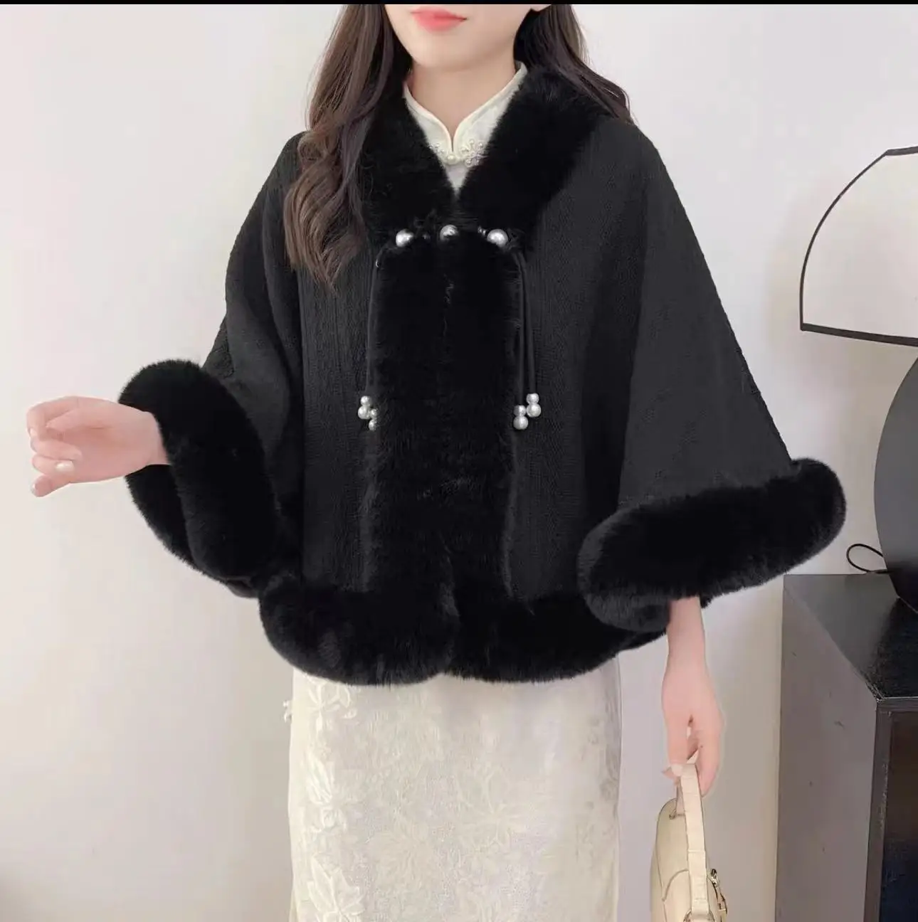 Japan Korea Women Winter Knitted Poncho Cape Outwear Long Faux Fur Collar Cardigan Cloak Loose Batwing  Shawl For Wedding