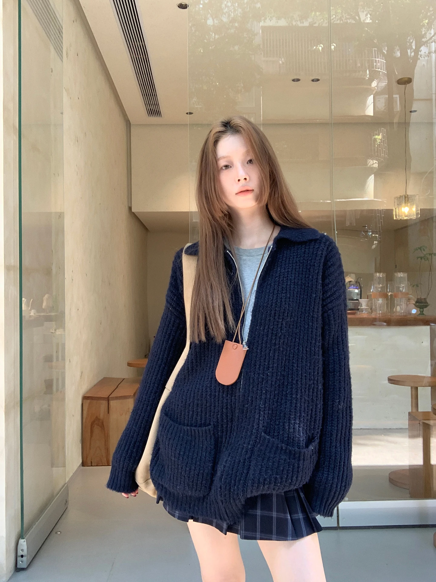 

Синий свободный вязаный шерстяной открытый кардиган, женский топ ранней осени, корейский свитер Aosphere Lazy Sle, пальто G Sle