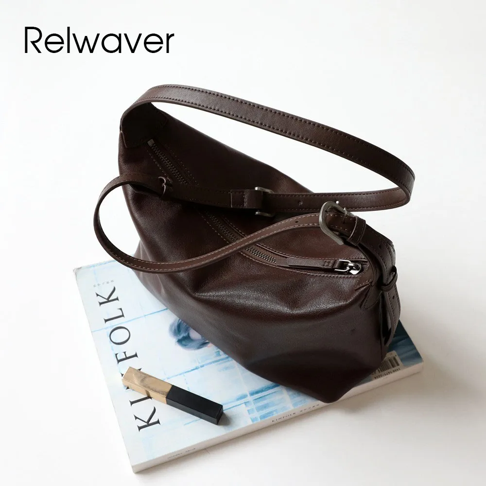 

Relwaver tree cream leather hobos genuine leather messenger bag 2024 winter versatile shoulder bag soft vintage casual women bag