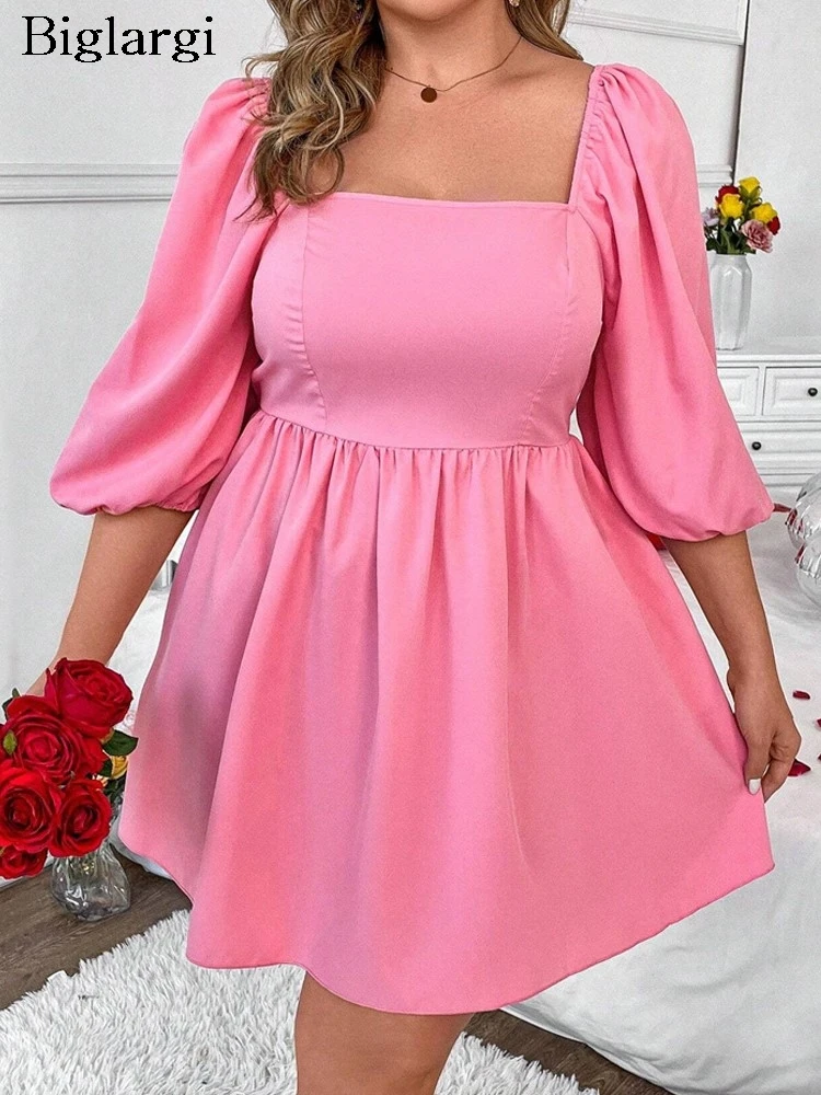 Plus Size Pink Summer Mini Dress Women Puff Short Sleeve Fashion Ruffle Pleated Ladies Dresses Square Collar A-Line Woman Dress