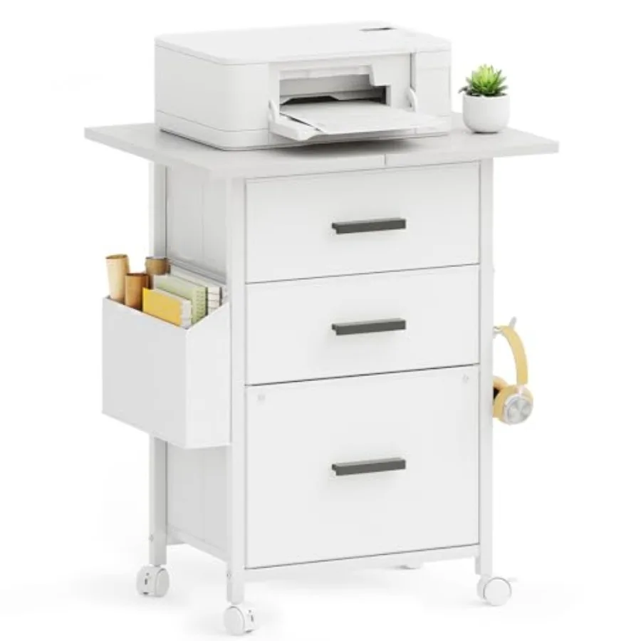 

Мобильный файловый шкаф с 3 ящиками и выдвижной столешницей 24 дюйма, подставка для принтера на колесиках с боковой тканевой сумкой