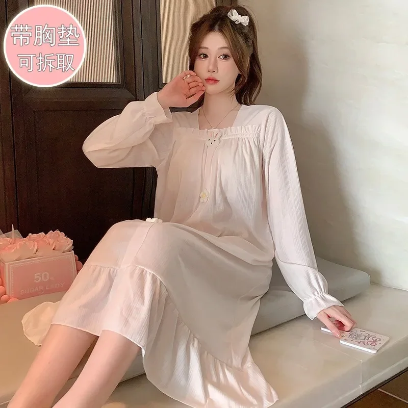 5XL Plus Size Loose Home Dress with Chest Pads Women Spring and Autumn Long Sleeves Nightgown Sweet Cotton Pajamas Loungewear