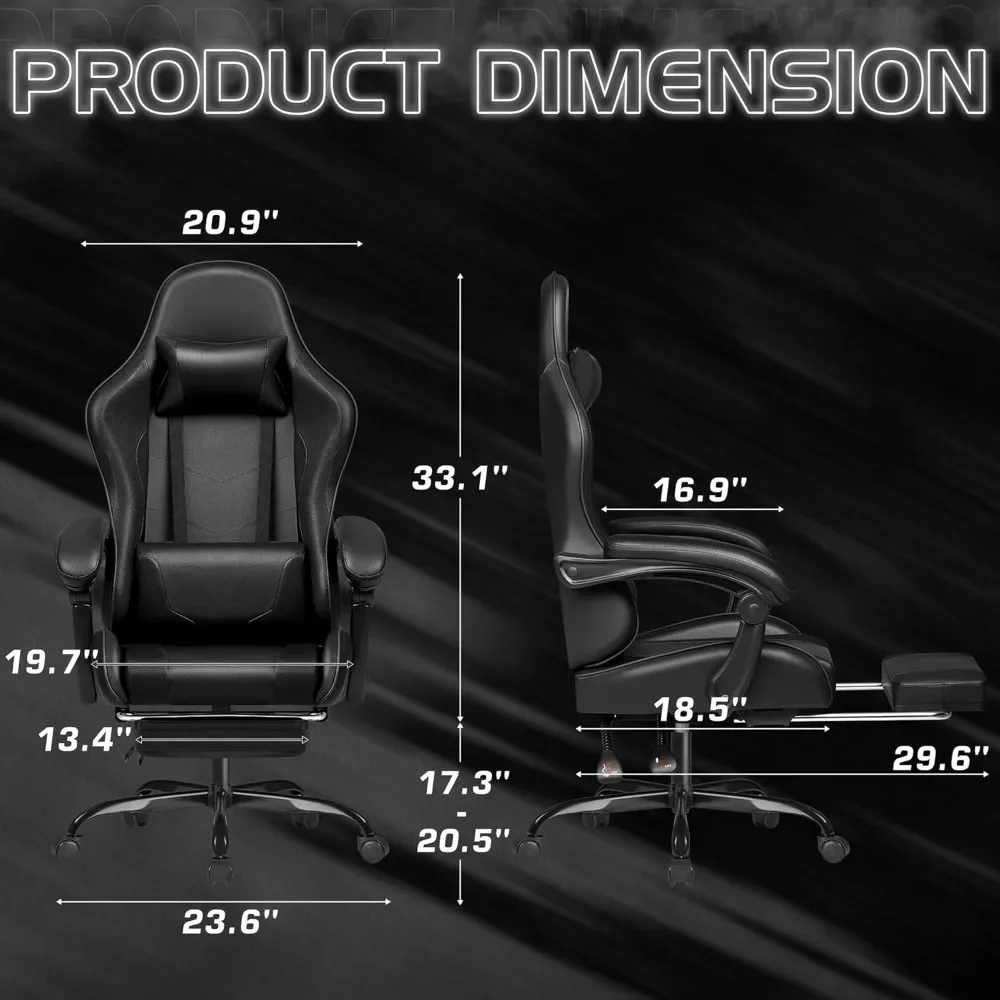 Chaise ergonomique de jeu vidéo avec repose-pieds et support lombaire de massage, chaise d'ordinateur réglable recommandée