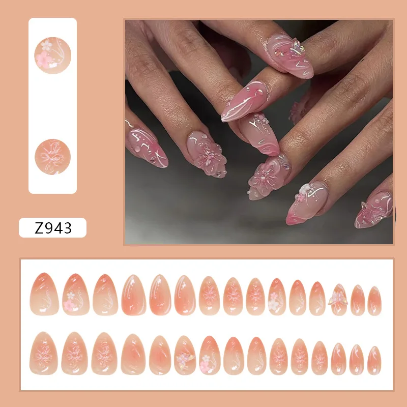 24pcs Wearablr Almond False Nail Tips Blush Pink Press On Nails With 3D Flower Butterfly Decor Detachable Fake Nail Patches