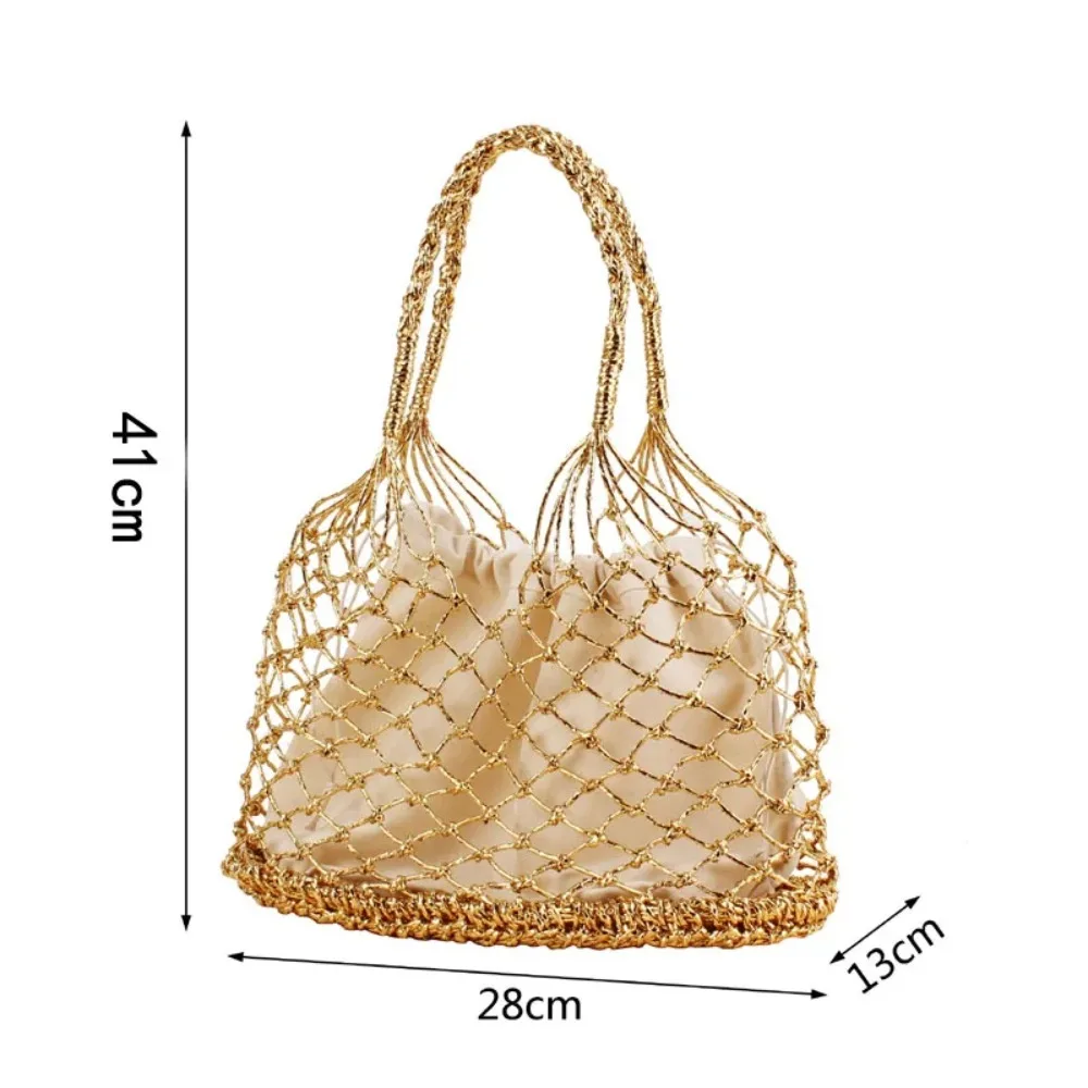 Gold silver 2 color bright paper ropes hollow woven handbag cotton lining straw bag female Reticulate handbag netted beach bag