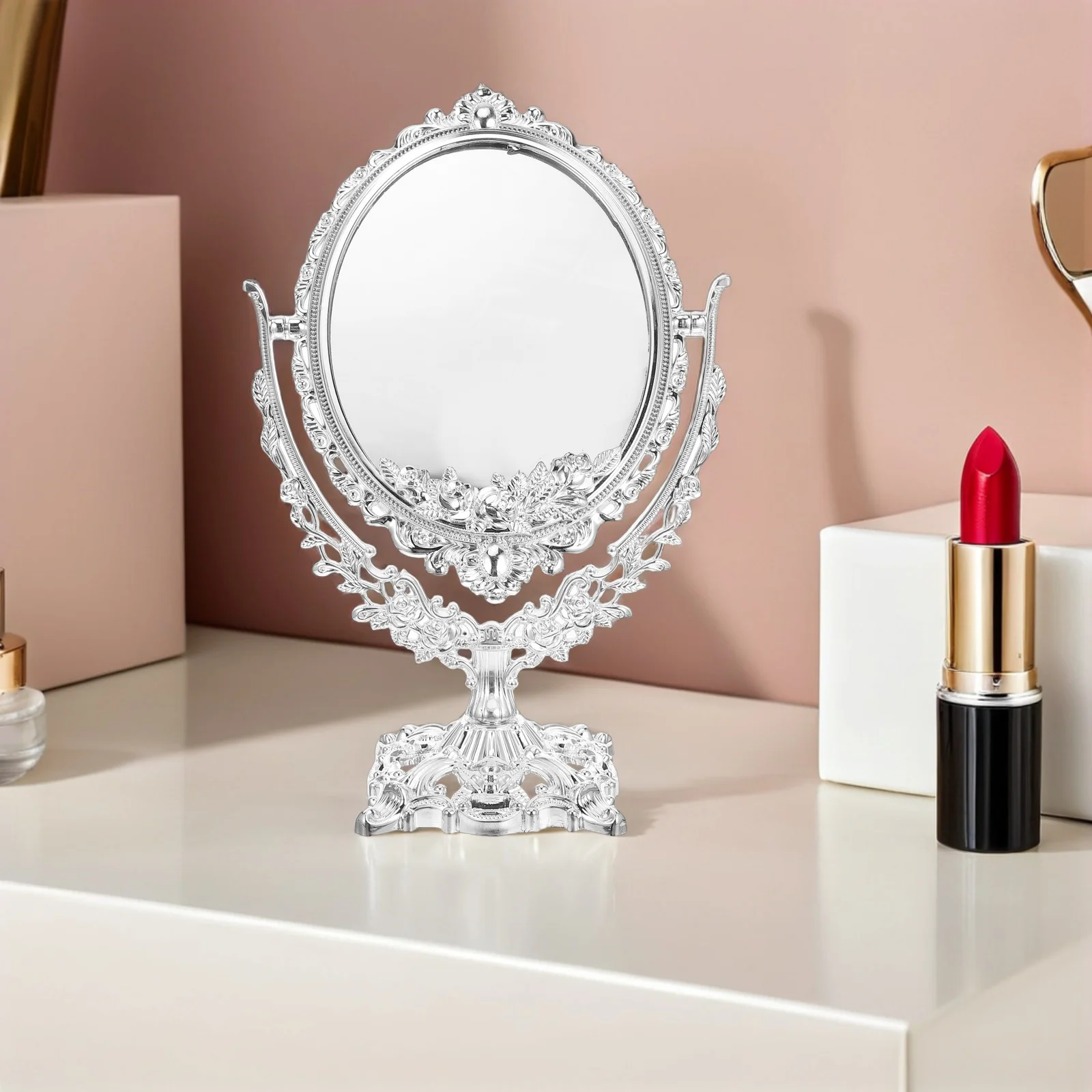 Vintage-Kosmetikspiegel, 360° drehbar, doppelseitig, hochauflösender ovaler Schreibtischspiegel, eleganter Retro-Stil, stabile Basis, platzsparend