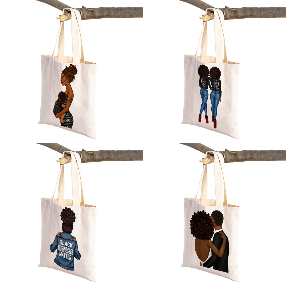 Casual African Girl Shopping Bag for Women Reusable Double Sided Print Beautiful Black Fashion Lady Canvas Tote Handbag