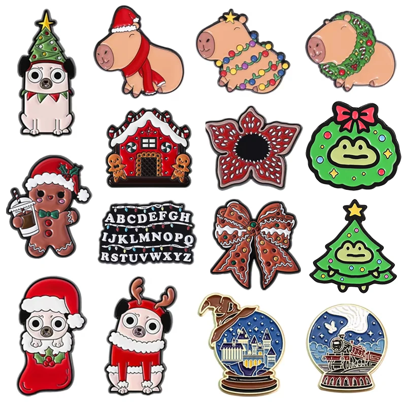 Christmas Animal Enamel Pins Green Monster Heart Hands Cartoon Pug In Stockings Magic Crystal Ball Brooch Festival Jewelry Gifts