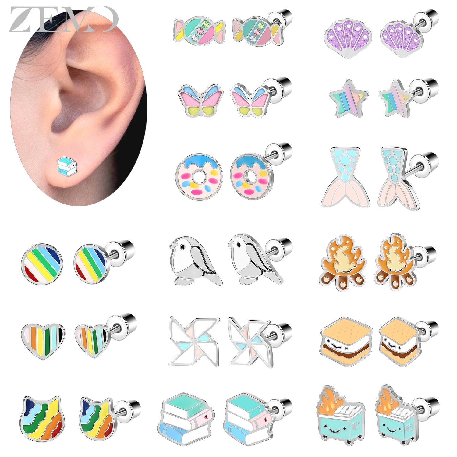 ZEMO 1 PC 20G Cute Cartoon Stainless Steel Stud Earring Women Girls Rainbow Book Shell Candy Conch Helix Lobe Piercings Earrings