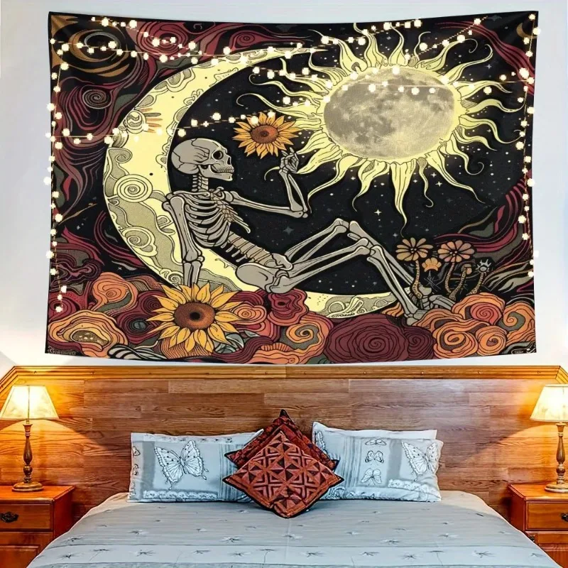 1 pieza  tapicería  esqueleto y sol/luna - Diseño floral y celestial vibrante, colgante  pared  poliéster para sala  e