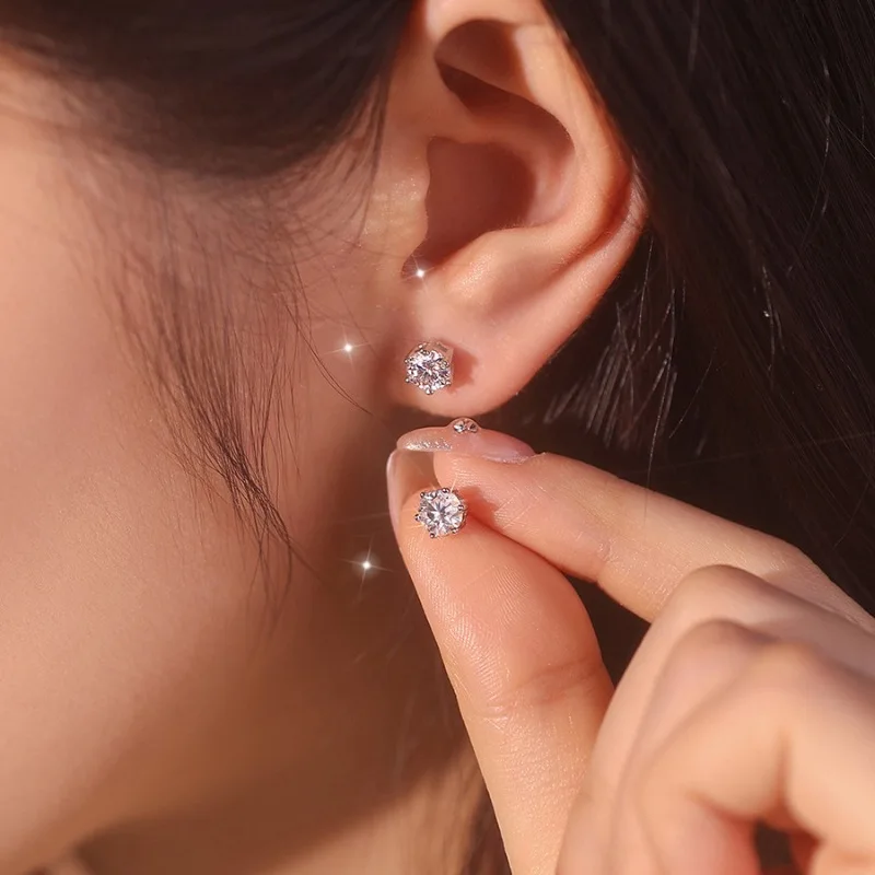 PT950 Platinum Zircon S925 Sterling Silver  Earrings 0.5-2CT Stud for Women Screw Korea Trendy and Fashionable Student