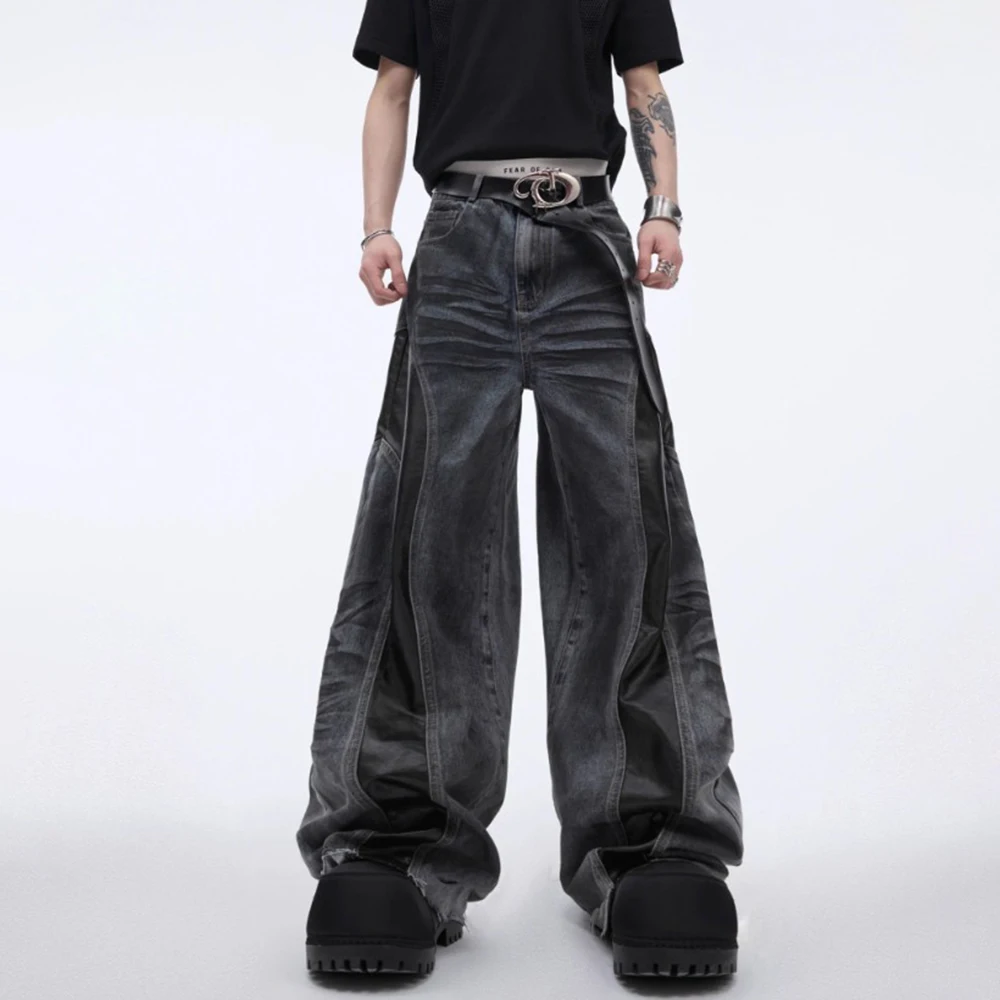 Herren Jeans Pu Leder Nähte Whisker Gewaschen Wildnis Stil Casual Hosen Streetwear Fashion Persönlichkeit Hosen Männer Tragen