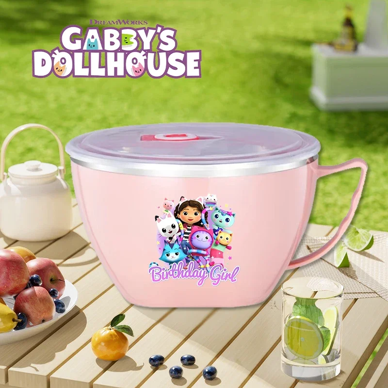 

Кукольный домик Габби, двухслойная чаша из нержавеющей стали, милый мультяшный противоожоговой контейнер для посуды с лапшой быстрого приготовления с ручкой