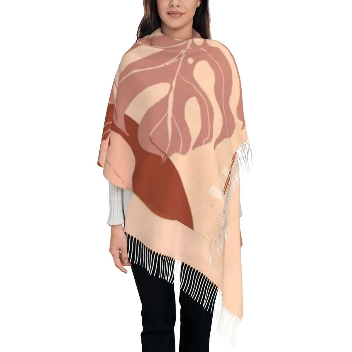 

Terracotta Monstera Abstract Shawl A Tassel Scarf